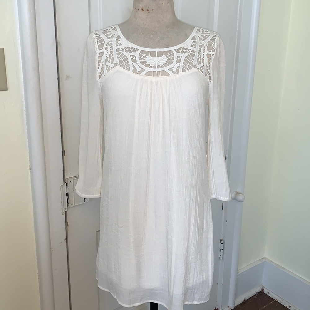 Sweet Wanderer Boho Gauze Cream White Mini Dress 3/4 Sleeve Crochet Neckline M